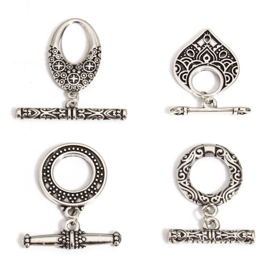 Image de 1 Kit Fermoir Toggle en Cuivre Forme Rond Argent Vieilli Motif Sculpté Gravé