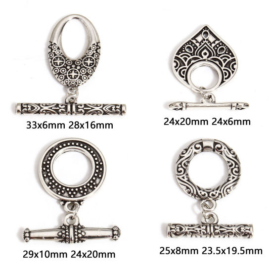 Image de 1 Kit Fermoir Toggle en Cuivre Forme Rond Argent Vieilli Motif Sculpté Gravé