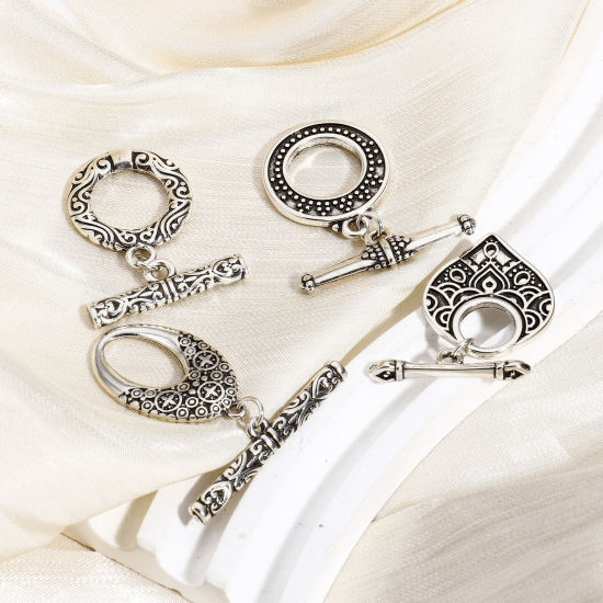 Image de 1 Kit Fermoir Toggle en Cuivre Forme Rond Argent Vieilli Motif Sculpté Gravé
