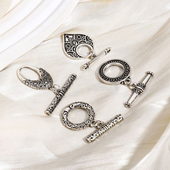 Image de 1 Kit Fermoir Toggle en Cuivre Forme Rond Argent Vieilli Motif Sculpté Gravé