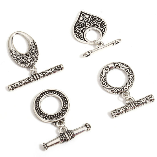Image de 1 Kit Fermoir Toggle en Cuivre Forme Rond Argent Vieilli Motif Sculpté Gravé