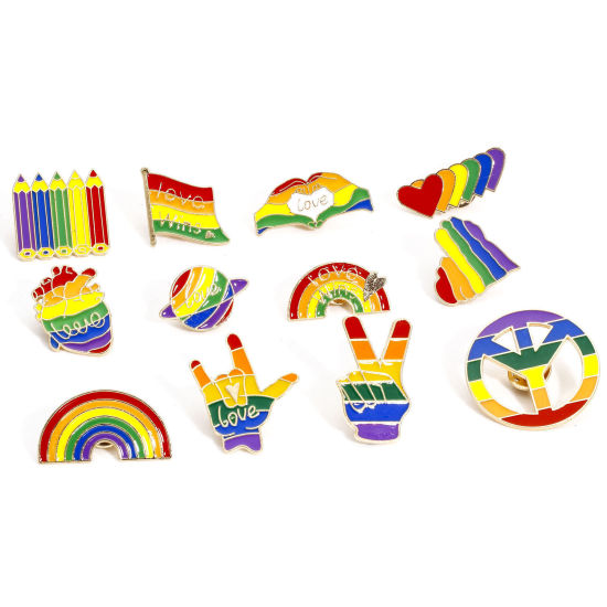 Image de 5 Pcs Broche Epingle en Alliage de Zinc Arc-en-ciel Symbole de paix Cœur Doré Multicolore Émail