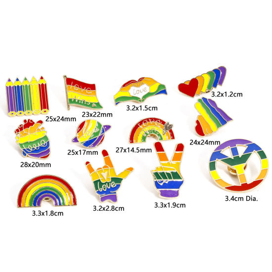 Image de 5 Pcs Broche Epingle en Alliage de Zinc Arc-en-ciel Symbole de paix Cœur Doré Multicolore Émail