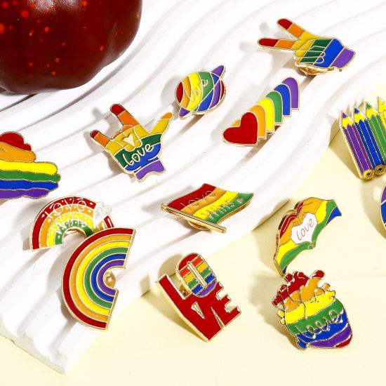 Image de 5 Pcs Broche Epingle en Alliage de Zinc Arc-en-ciel Symbole de paix Cœur Doré Multicolore Émail