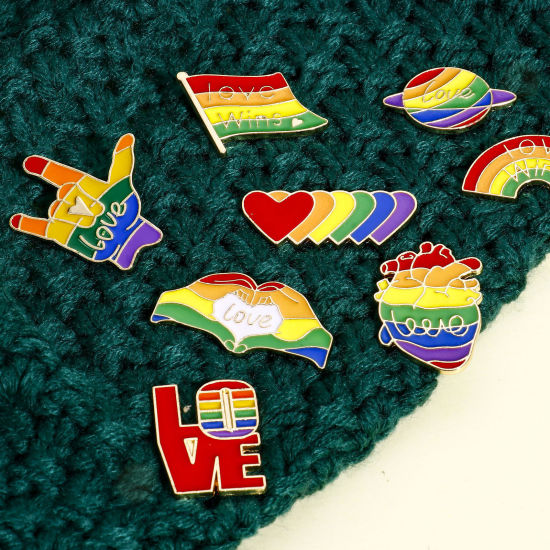 Image de 5 Pcs Broche Epingle en Alliage de Zinc Arc-en-ciel Symbole de paix Cœur Doré Multicolore Émail