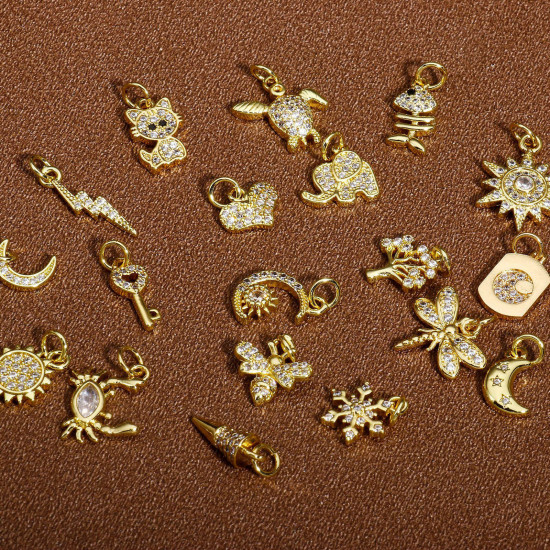 Picture of 2 PCs Eco-friendly Brass Charms Wholesale 18K Real Gold Plated Sun Insect Clear Cubic Zirconia