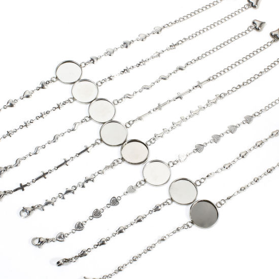 Image de 2 Pièces Bracelets en 304 Acier Inoxydable Chaîne à Maillons Faite à la Main Argent Mat Cabochon Rapportable