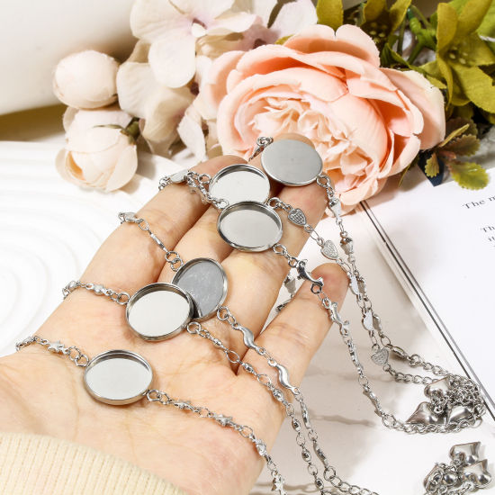 Image de 2 Pièces Bracelets en 304 Acier Inoxydable Chaîne à Maillons Faite à la Main Argent Mat Cabochon Rapportable