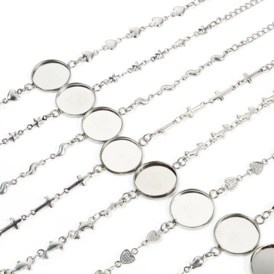Image de 2 Pièces Bracelets en 304 Acier Inoxydable Chaîne à Maillons Faite à la Main Argent Mat Cabochon Rapportable