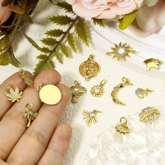 Picture of Eco-friendly Brass Micro Pave Charms 18K Real Gold Plated Leaf Sun Clear Cubic Zirconia