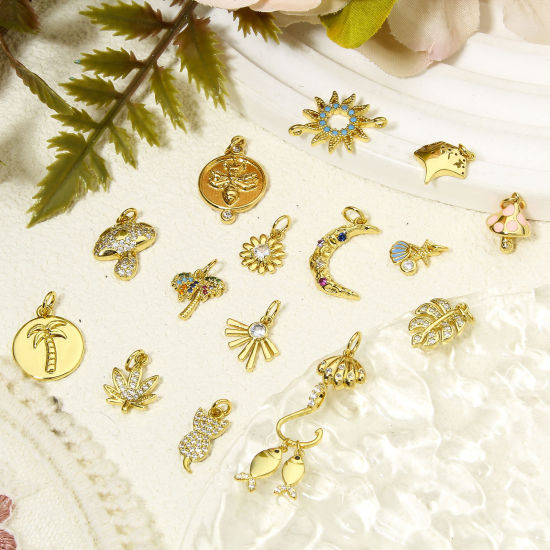 Picture of Eco-friendly Brass Micro Pave Charms 18K Real Gold Plated Leaf Sun Clear Cubic Zirconia