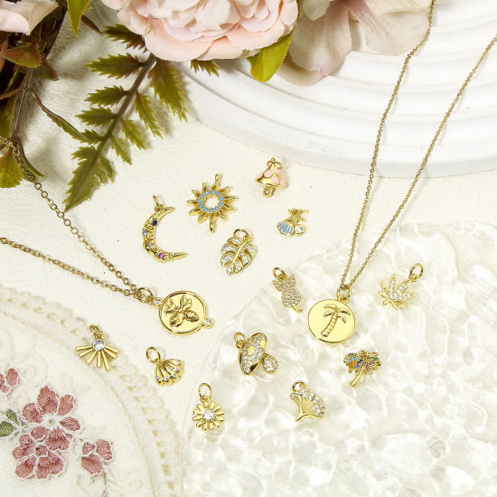 Picture of Eco-friendly Brass Micro Pave Charms 18K Real Gold Plated Leaf Sun Clear Cubic Zirconia