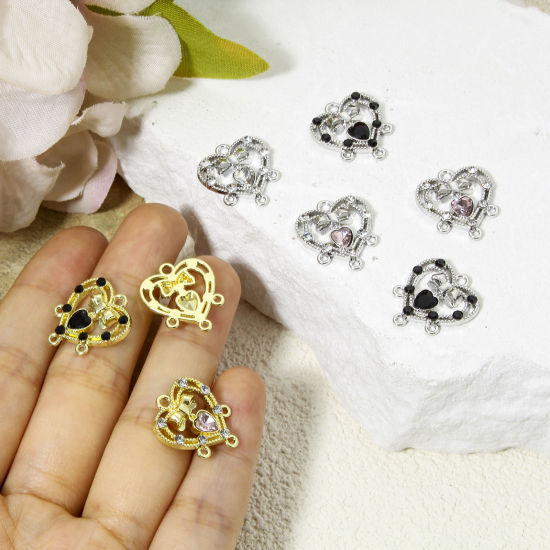 Picture of Zinc Based Alloy Valentine's Day Chandelier Connectors Multicolor Heart Bowknot Hollow Clear Rhinestone 18mm x 16mm