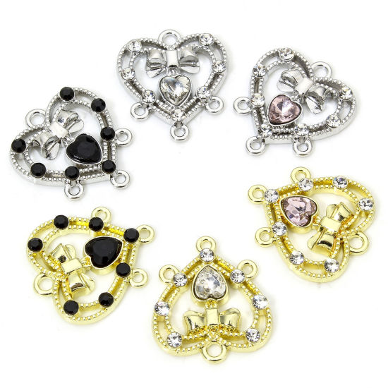 Picture of Zinc Based Alloy Valentine's Day Chandelier Connectors Multicolor Heart Bowknot Hollow Clear Rhinestone 18mm x 16mm