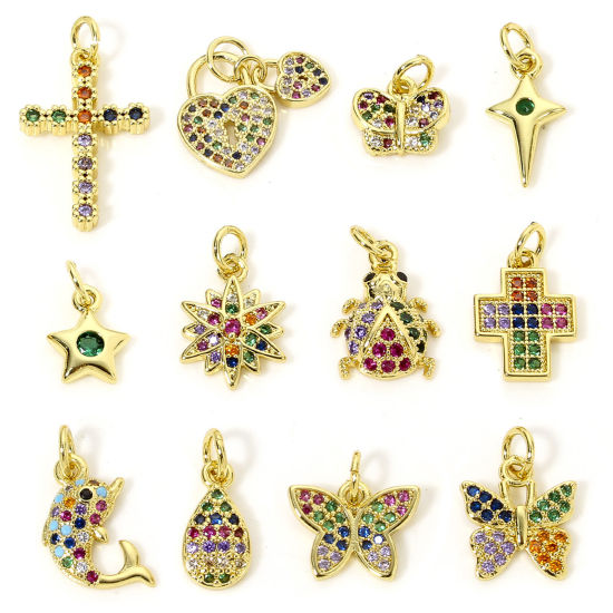 Image de 1 Pièce Breloques en Laiton Papillon Plaqué Or 18K Croix Micro Pave à Zircone Cubique Multicolore