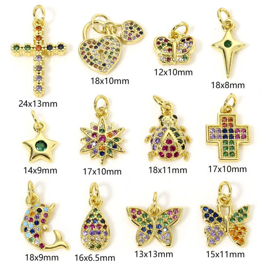 Image de 1 Pièce Breloques en Laiton Papillon Plaqué Or 18K Croix Micro Pave à Zircone Cubique Multicolore