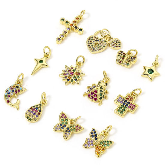 Image de 1 Pièce Breloques en Laiton Papillon Plaqué Or 18K Croix Micro Pave à Zircone Cubique Multicolore