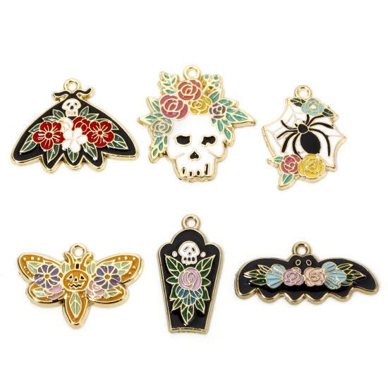 Picture of Zinc Based Alloy Halloween Charms Gold Plated Multicolor Skeleton Skull Flower Enamel
