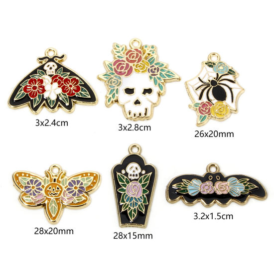 Picture of Zinc Based Alloy Halloween Charms Gold Plated Multicolor Skeleton Skull Flower Enamel