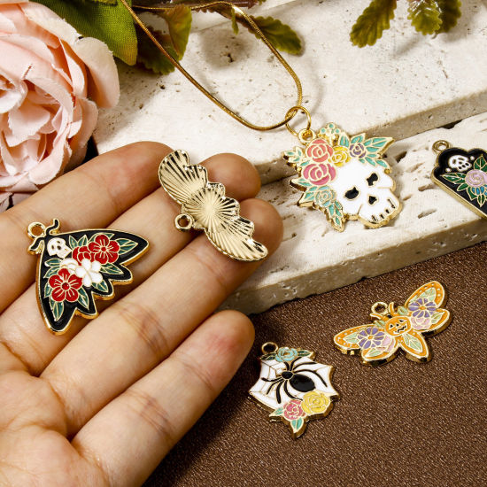 Picture of Zinc Based Alloy Halloween Charms Gold Plated Multicolor Skeleton Skull Flower Enamel