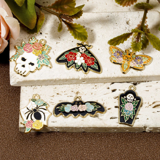 Picture of Zinc Based Alloy Halloween Charms Gold Plated Multicolor Skeleton Skull Flower Enamel