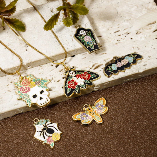 Picture of Zinc Based Alloy Halloween Charms Gold Plated Multicolor Skeleton Skull Flower Enamel