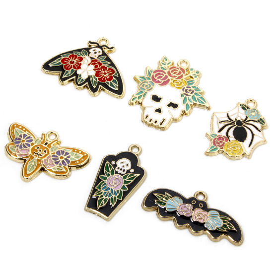 Picture of Zinc Based Alloy Halloween Charms Gold Plated Multicolor Skeleton Skull Flower Enamel