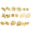 Picture of 1 Pair Vacuum Plating 304 Stainless Steel Ear Post Stud Earrings 18K Gold Plated Flower Leaves With Stoppers