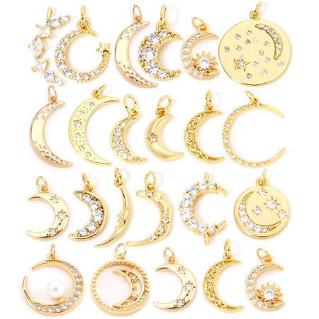 Eco-friendly Brass Galaxy Charms 18K Real Gold Plated Half Moon Clear Cubic Zirconia
