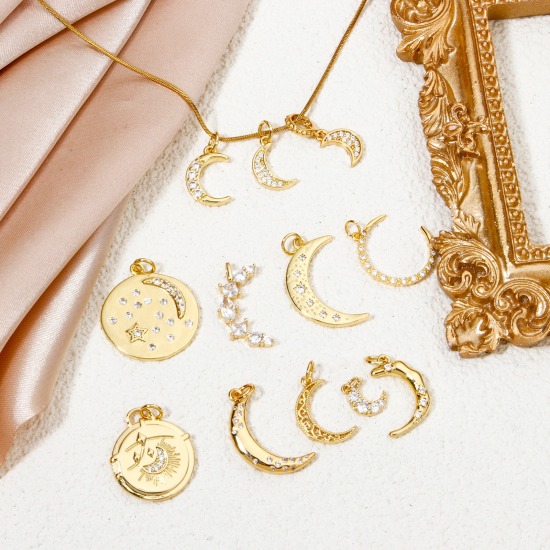 Picture of Eco-friendly Brass Galaxy Charms 18K Real Gold Plated Half Moon Clear Cubic Zirconia