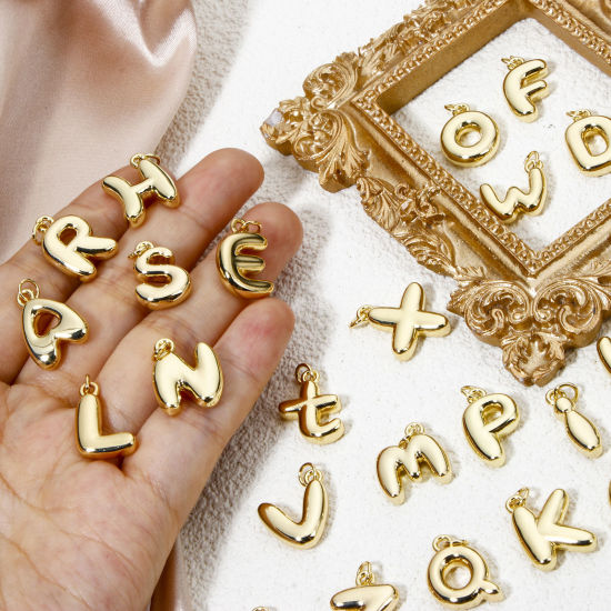 Picture of Eco-friendly Brass Charms 18K Real Gold Plated Capital Alphabet Initial Letter Message " A-Z " 3D