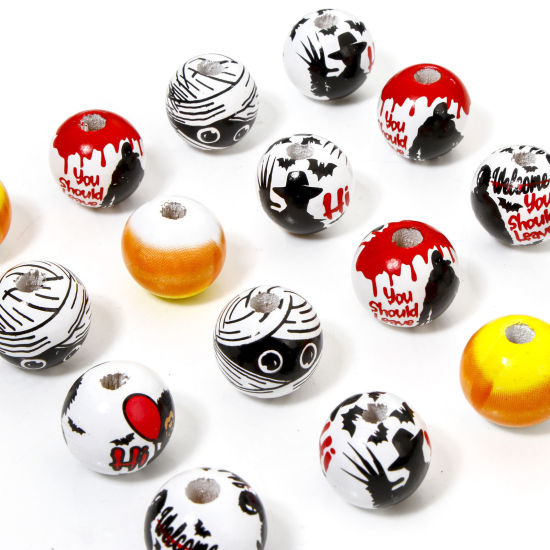20 個 ウッド ビーズ DIY りド ジュエリー アクセサリーを作る 円形 黒 ハロウィン柄 約 20mm直径、 穴：約 4mm、 の画像