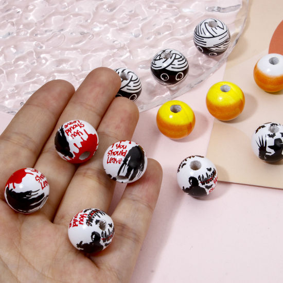 20 個 ウッド ビーズ DIY りド ジュエリー アクセサリーを作る 円形 黒 ハロウィン柄 約 20mm直径、 穴：約 4mm、 の画像