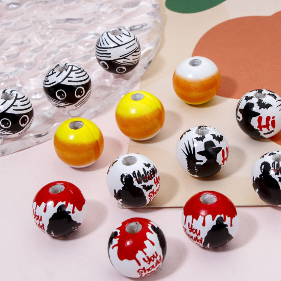 20 個 ウッド ビーズ DIY りド ジュエリー アクセサリーを作る 円形 黒 ハロウィン柄 約 20mm直径、 穴：約 4mm、 の画像