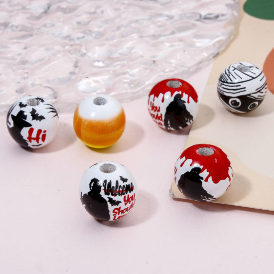 20 個 ウッド ビーズ DIY りド ジュエリー アクセサリーを作る 円形 黒 ハロウィン柄 約 20mm直径、 穴：約 4mm、 の画像