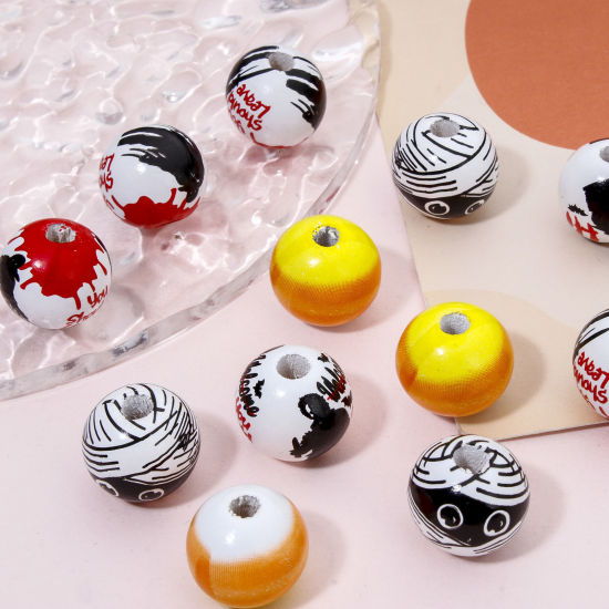 20 個 ウッド ビーズ DIY りド ジュエリー アクセサリーを作る 円形 黒 ハロウィン柄 約 20mm直径、 穴：約 4mm、 の画像