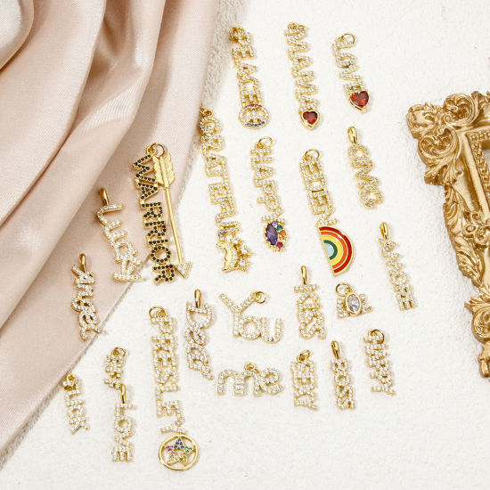 Picture of Eco-friendly Brass Charms 18K Real Gold Plated Message Micro Pave Clear Cubic Zirconia