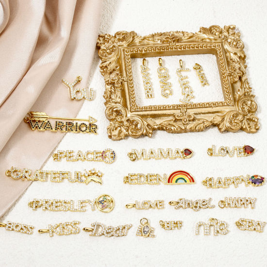 Picture of Eco-friendly Brass Charms 18K Real Gold Plated Message Micro Pave Clear Cubic Zirconia