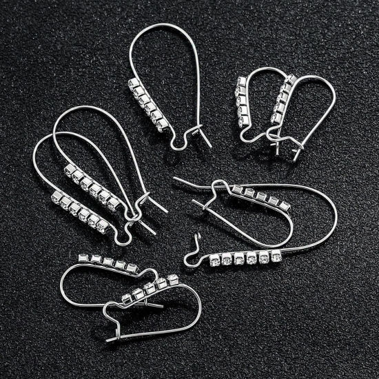 Picture of 304 Stainless Steel Ear Wire Hooks Earrings For DIY Jewelry Making Accessories Arched Silver Tone Clear Rhinestone