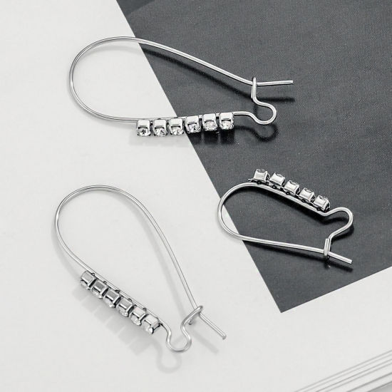 Picture of 304 Stainless Steel Ear Wire Hooks Earrings For DIY Jewelry Making Accessories Arched Silver Tone Clear Rhinestone