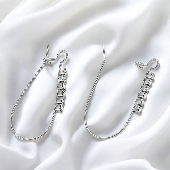 Picture of 304 Stainless Steel Ear Wire Hooks Earrings For DIY Jewelry Making Accessories Arched Silver Tone Clear Rhinestone
