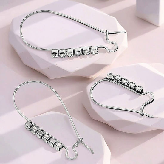 Picture of 304 Stainless Steel Ear Wire Hooks Earrings For DIY Jewelry Making Accessories Arched Silver Tone Clear Rhinestone