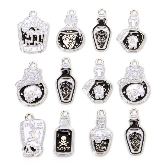Picture of Zinc Based Alloy Halloween Charms Silver Tone Black & White Skull Enamel