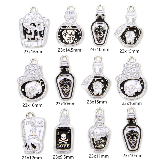 Picture of Zinc Based Alloy Halloween Charms Silver Tone Black & White Skull Enamel