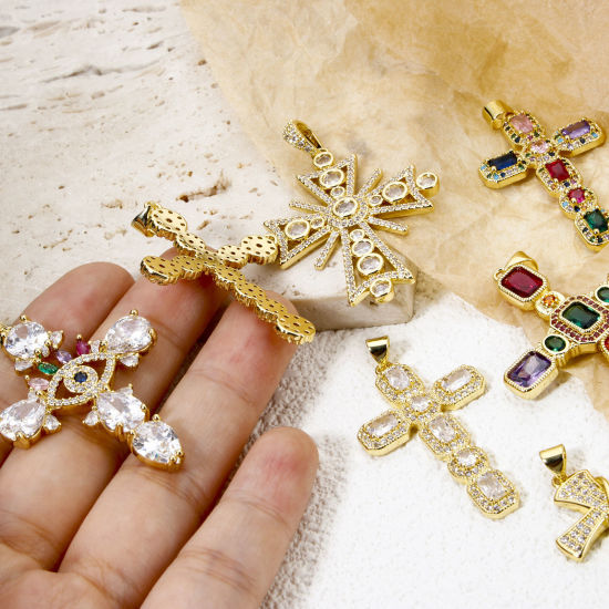 Image de 1 Pièce Pendentifs Religieux en Laiton Respectueux de la Nature Croix Plaqué Or Véritable 18K