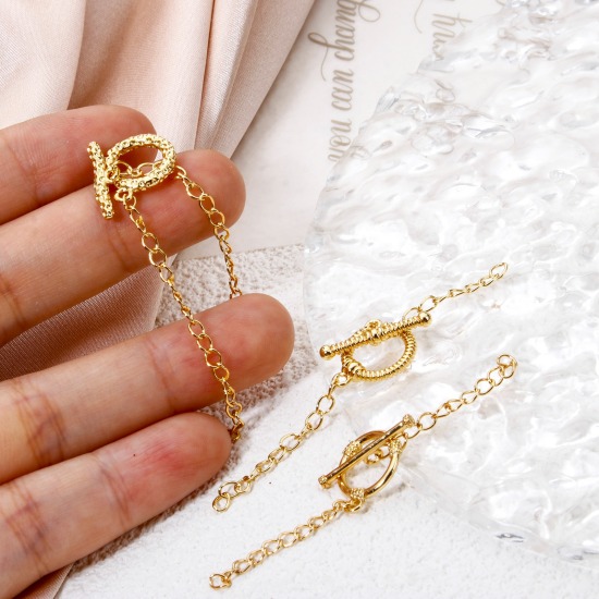 Image de 1 Kit Fermoir Toggle en Laiton Respectueux de la Nature Rond Plaqué Or Véritable 18K Avec Chaîne d'Extension