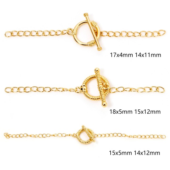 Image de 1 Kit Fermoir Toggle en Laiton Respectueux de la Nature Rond Plaqué Or Véritable 18K Avec Chaîne d'Extension