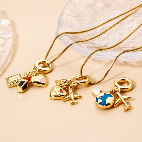 Picture of Brass Travel Dangle Charm Beads For Bracelet Necklace Jewelry Making 18K Real Gold Plated Heart Airplane Enamel