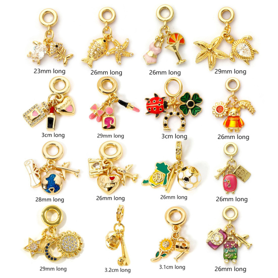 Picture of Brass Travel Dangle Charm Beads For Bracelet Necklace Jewelry Making 18K Real Gold Plated Heart Airplane Enamel