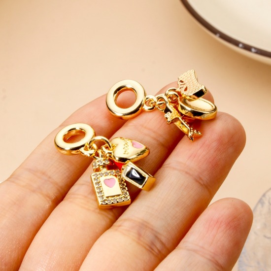 Picture of Brass Travel Dangle Charm Beads For Bracelet Necklace Jewelry Making 18K Real Gold Plated Heart Airplane Enamel